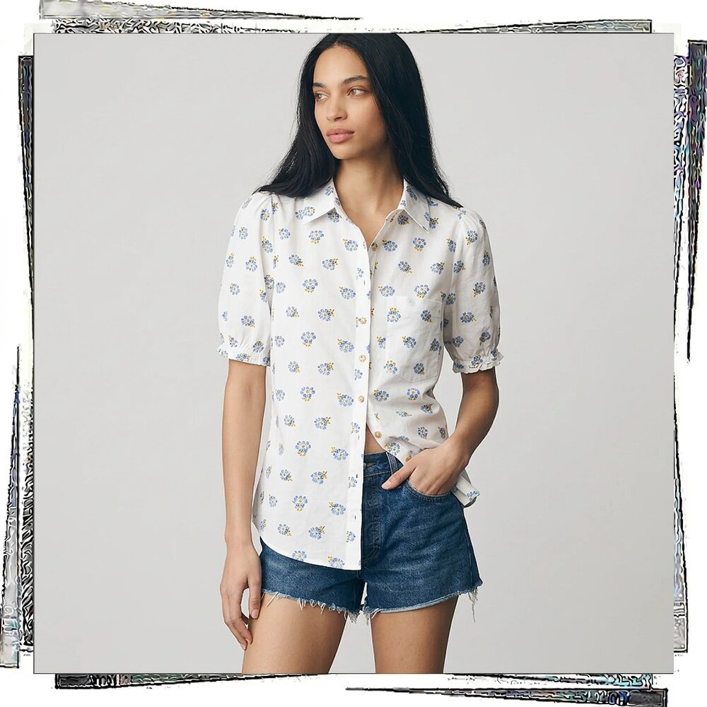 NWT:”The Aly” Ivory w Floral Pattern Puff Sleeve Blouse (XS) by Pilcro